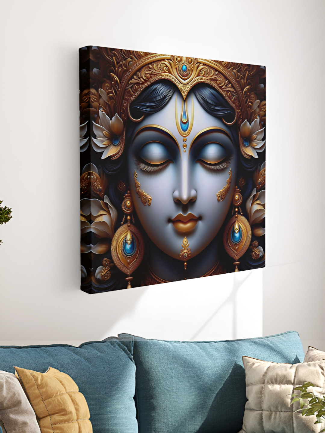 SAF Blue & Gold-Toned Meditative Devi Face Canvas Wall Art