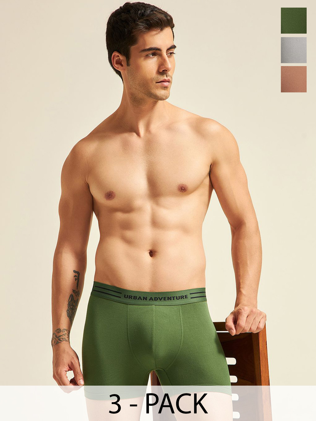 URBAN ADVENTURE Pack Of 3 Breathable Trunks 3UAM-015(GRN-GRY-BRN)