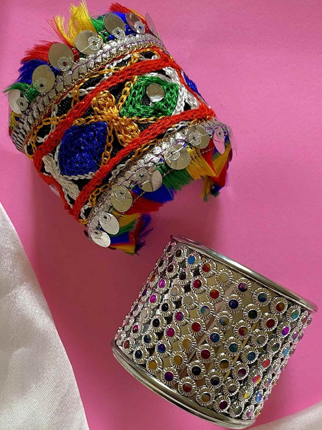 Sangria Set of 2 German Silver &Multicoloured  Round Shaped -Textured Bangles