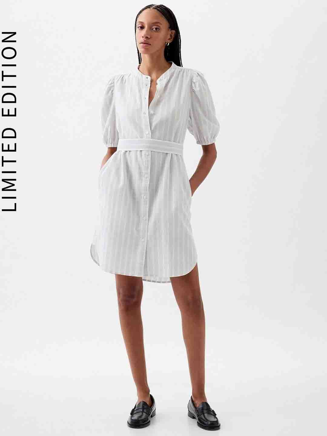 GAP Limited Edition Striped Puff Sleeve Linen Cotton Shirt Style Dress With Belt
