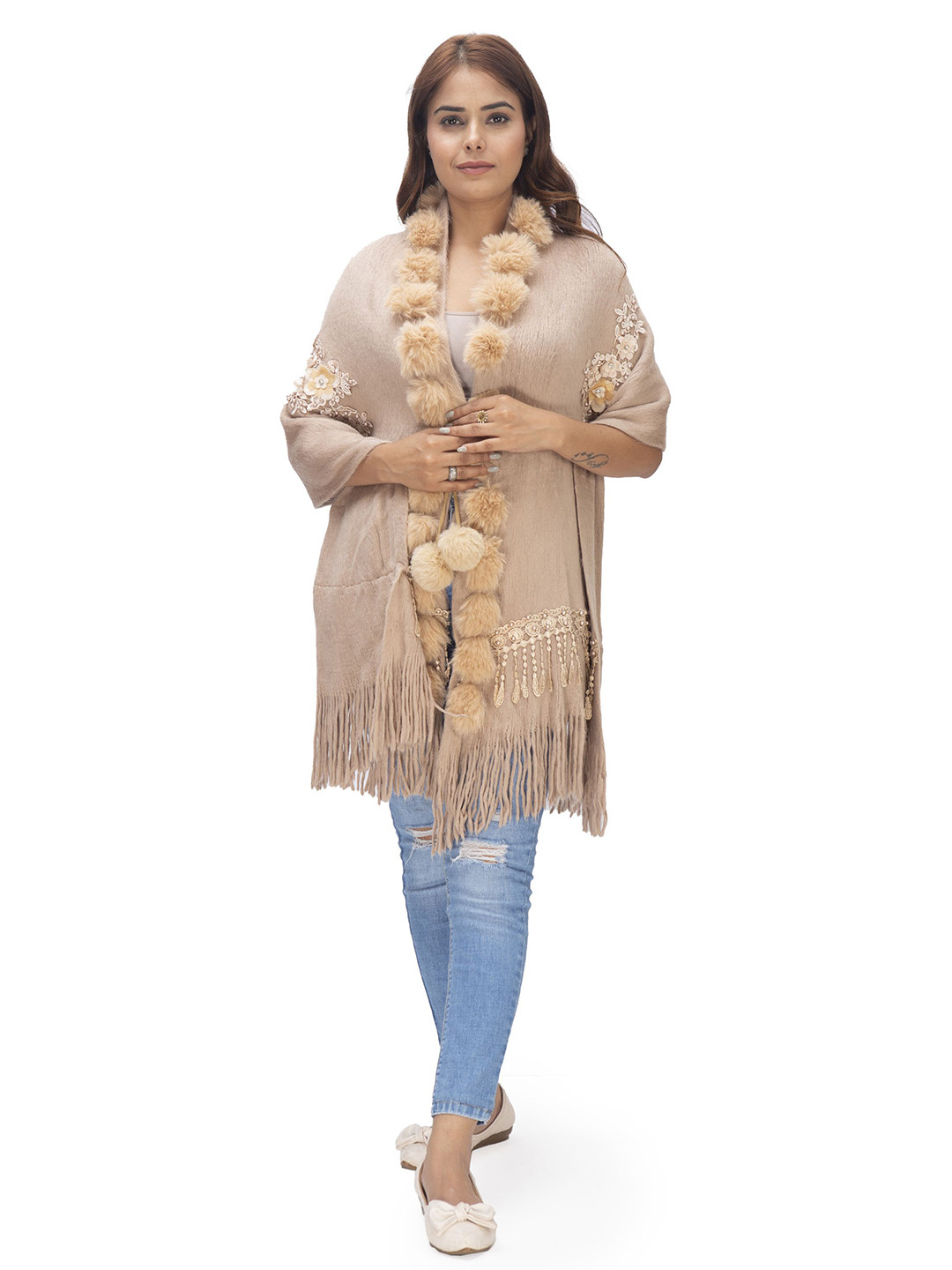 Manra Tasselled Border Shawl With Ball Details