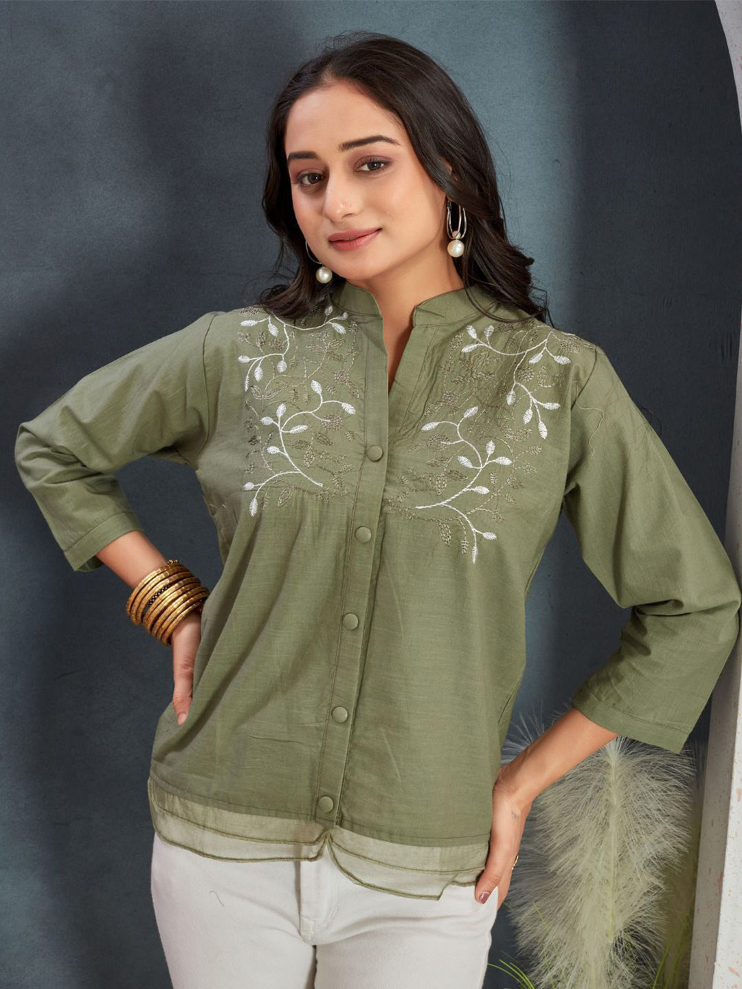 Green Floral Embroidered High Neck Cotton Top