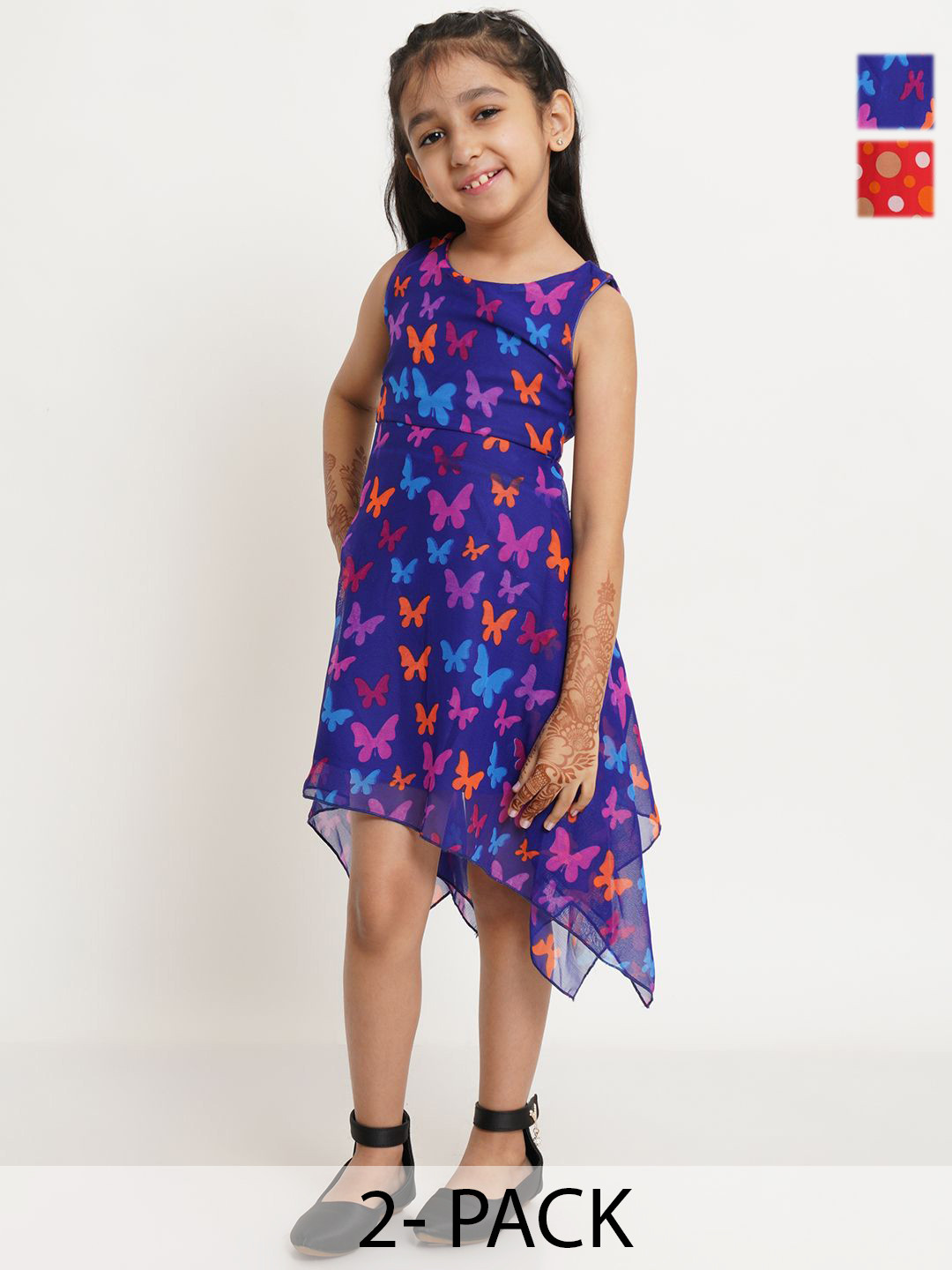 Creative Kids Girls Pack Of 2 Polka Dots Printed Georgette A-Line Dress