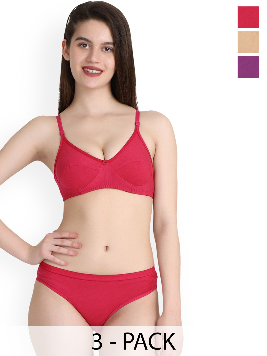 PIBU Pack Of 3 Cotton Bra Panty Lingerie Set B-Ruchi-Sett_Pu,P,Br-Purple,Pink,Brown