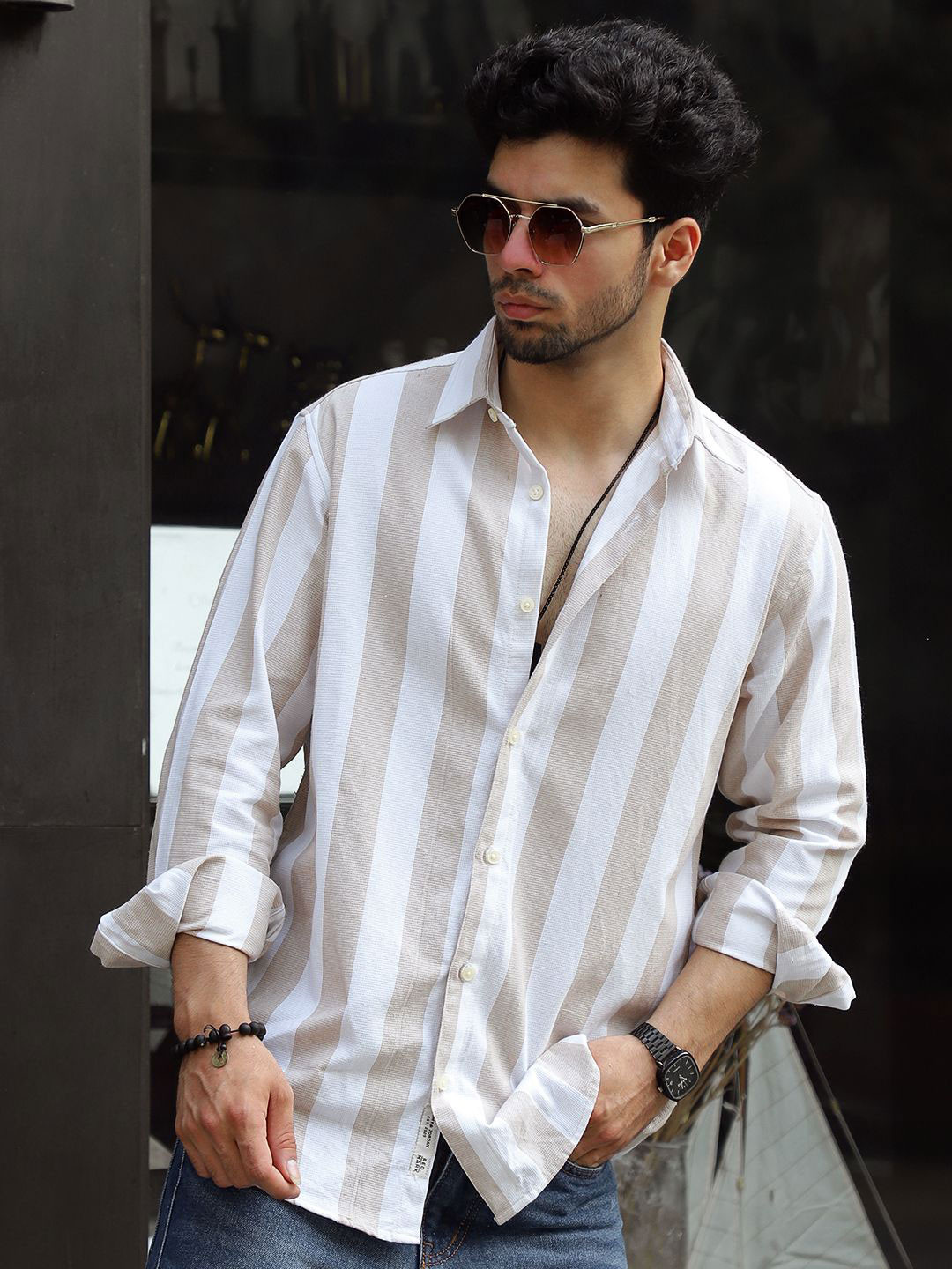 JIMMY & JORDAN Men Oaken Espresso Standard Striped Casual Shirt