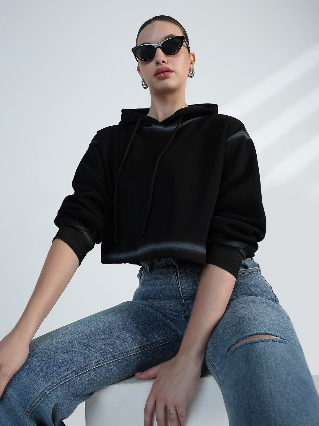 SHOWOFF Women Oversized Drop-Shoulder Sleeves Hooded Crop Top