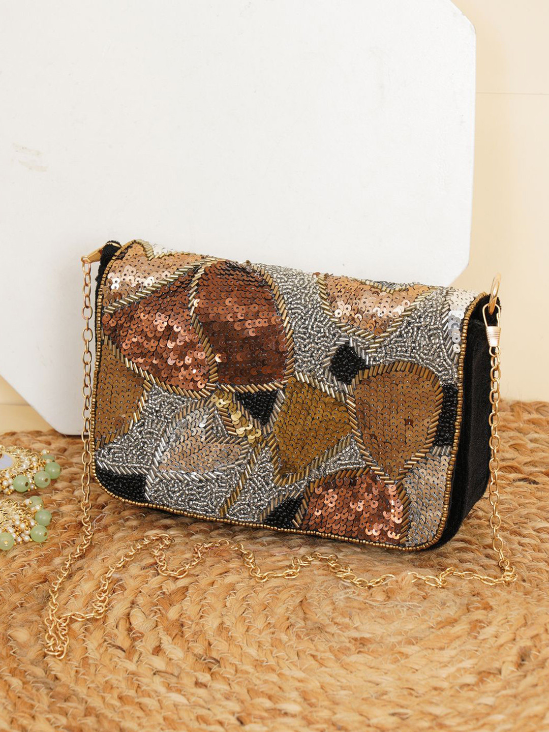 Anouk Embellished Beads & Stones Box Clutch With Shoulder Strap