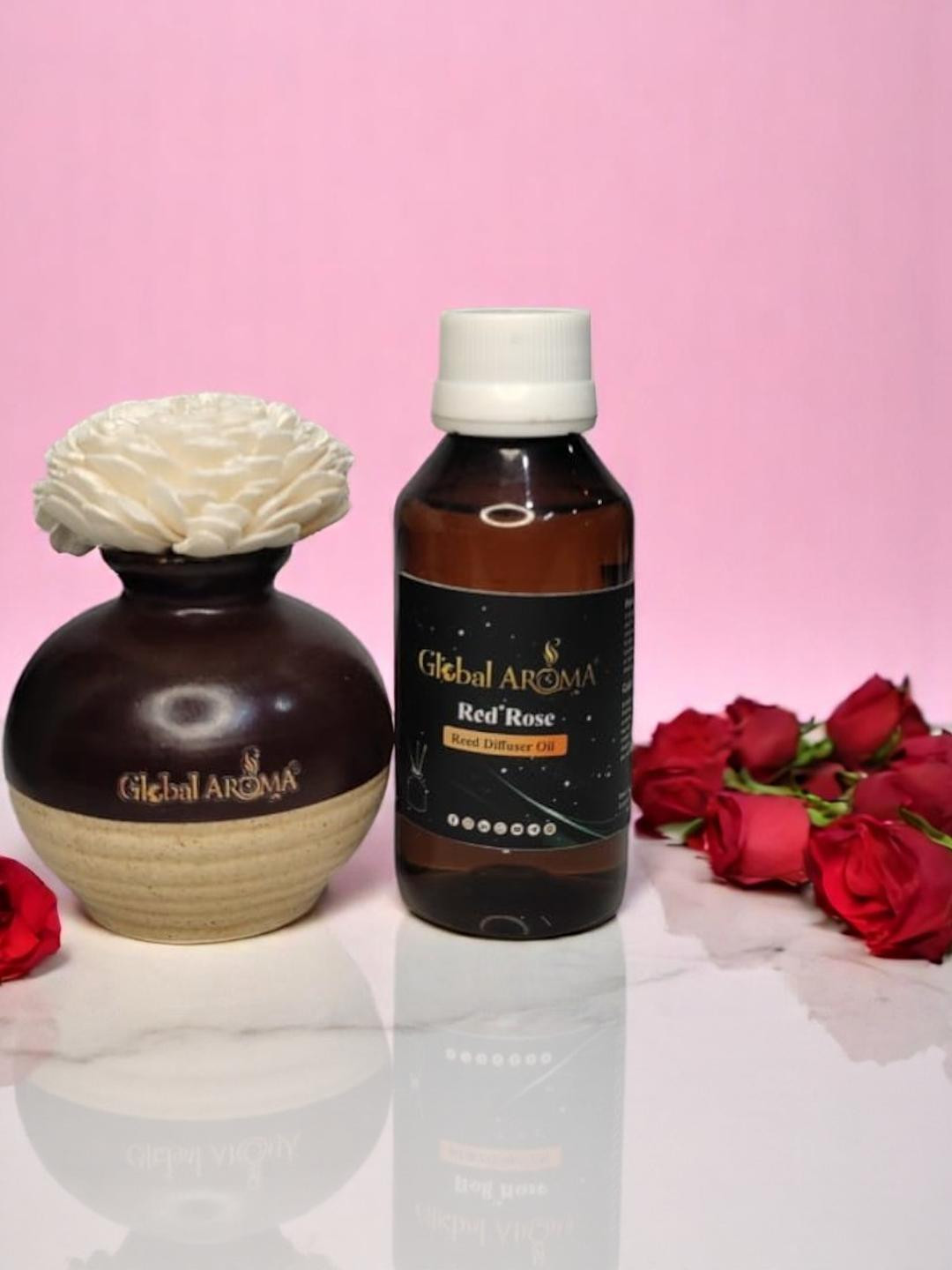 GLOBAL AROMA Red Rose Fragracne Ethenic Flower Pot Reed Diffuser Set