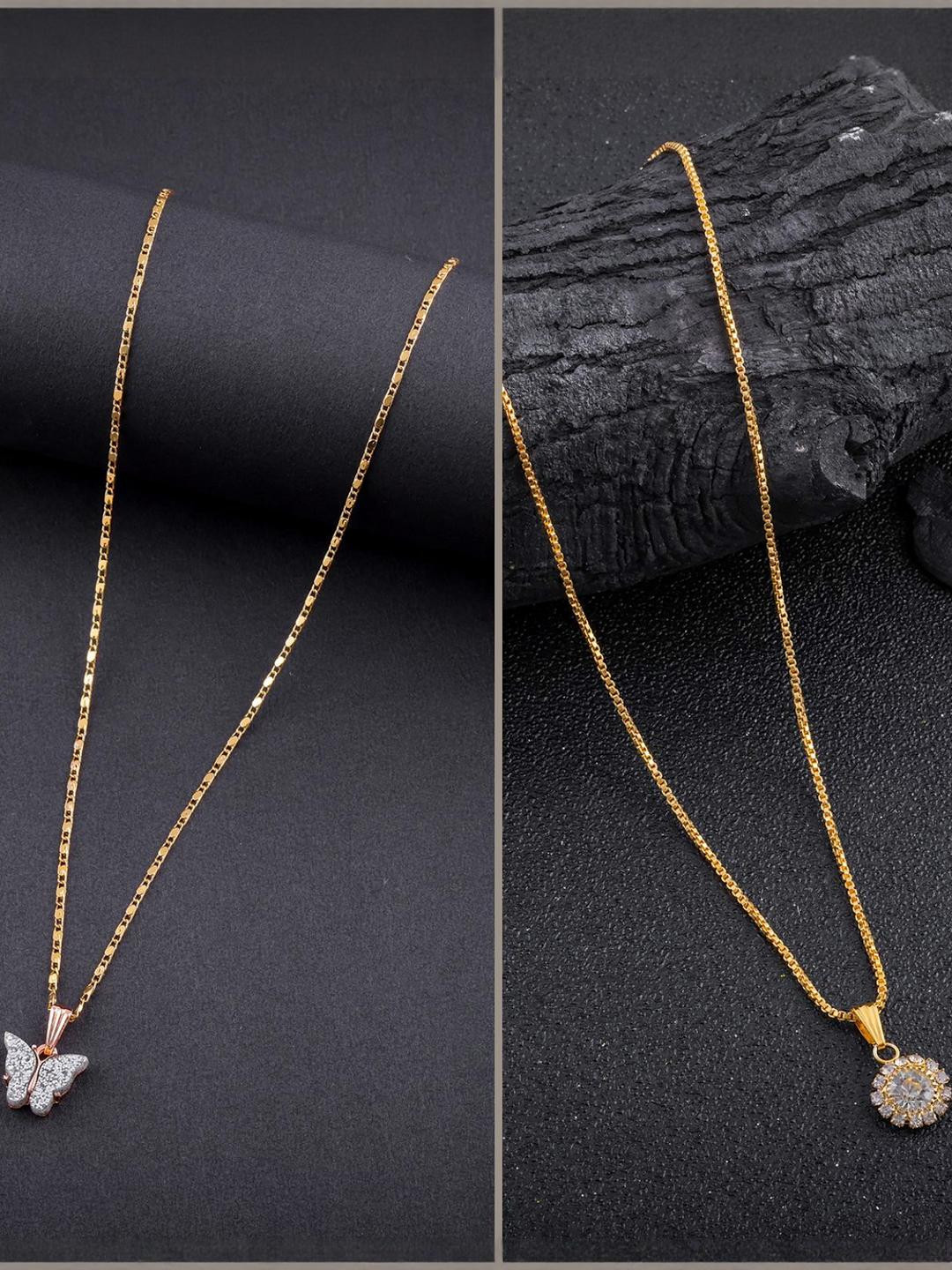 DressBerry Set of 2 Gold-Plated Stone Studded Shining Butterfly Shaped Pendants & Chains