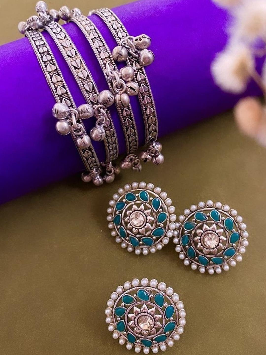 Sangria Set of 6 German Silver Plated & Turquoise Stone Studded Bangle, Earrrings & Rings