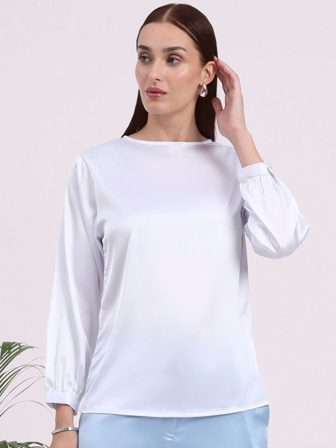 AMSWAN Women European Satin Bishop Sleeves Top