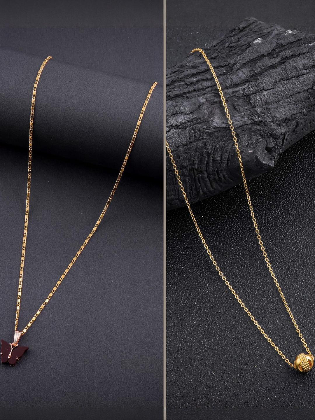 DressBerry Set of 2 Gold Plated Brass Butterfly & Ethnic Traditional Minimal Necklace