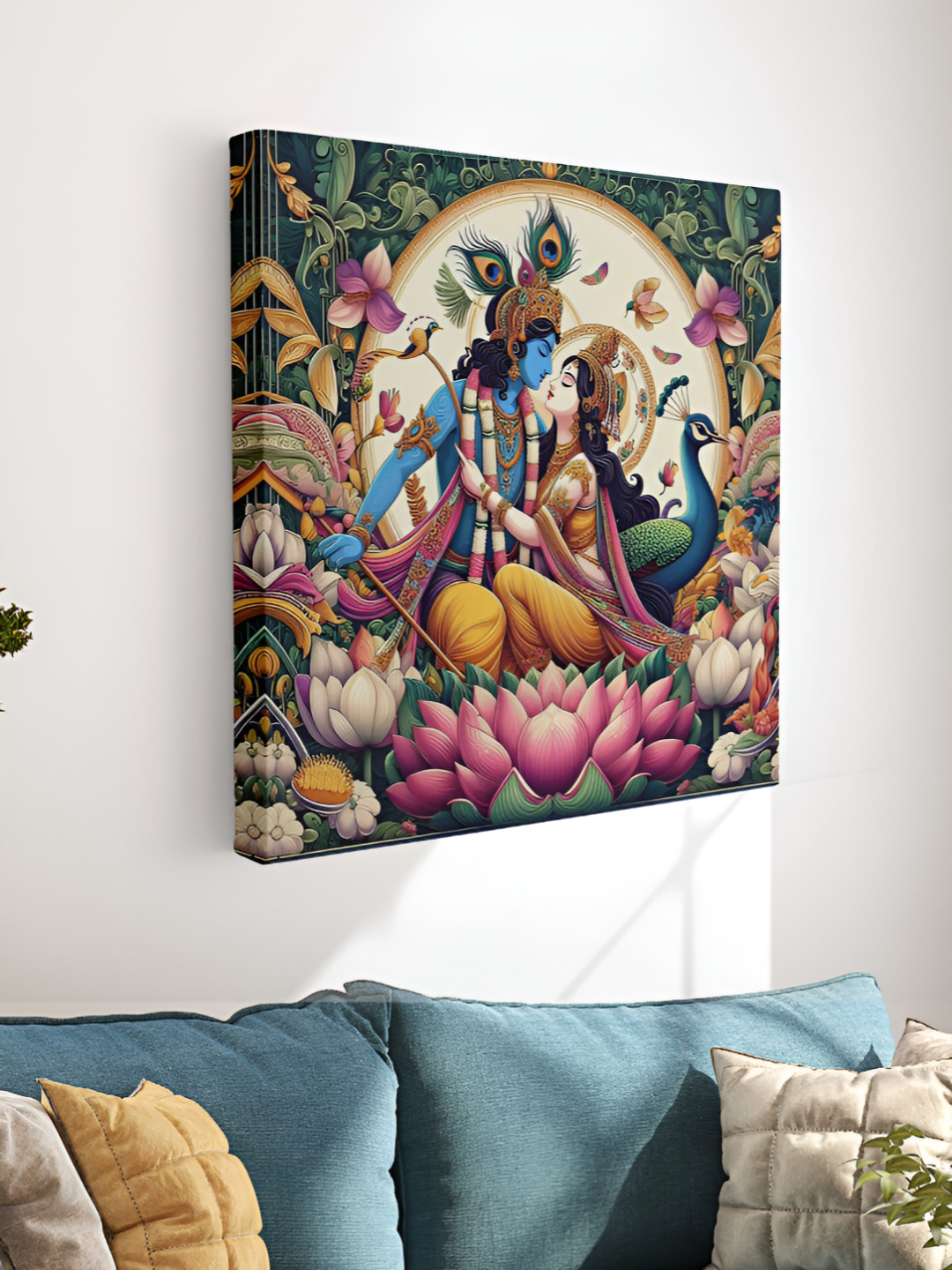 SAF Green & Blue Radha Krishna Lotus Religious Canvas Wall Art