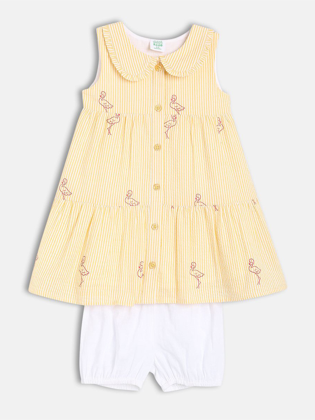 MINI KLUB Girls Striped Birds Print A-Line Midi Dress With Bloomer