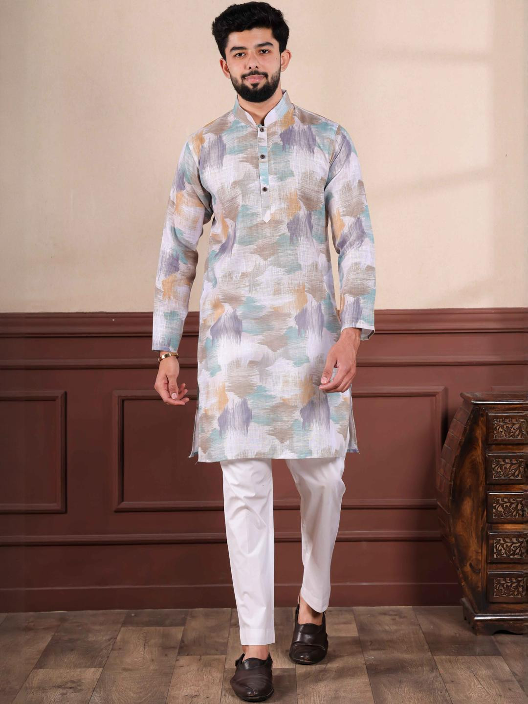PulseIQ Men White Linen Kurta Sets