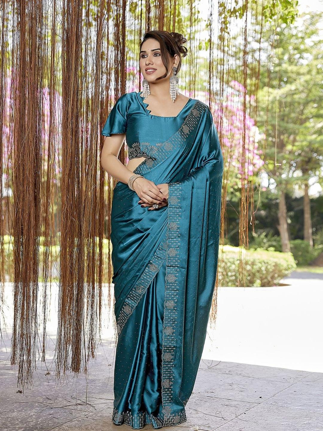 KALINI Turquoise Blue NA Satin Sarees