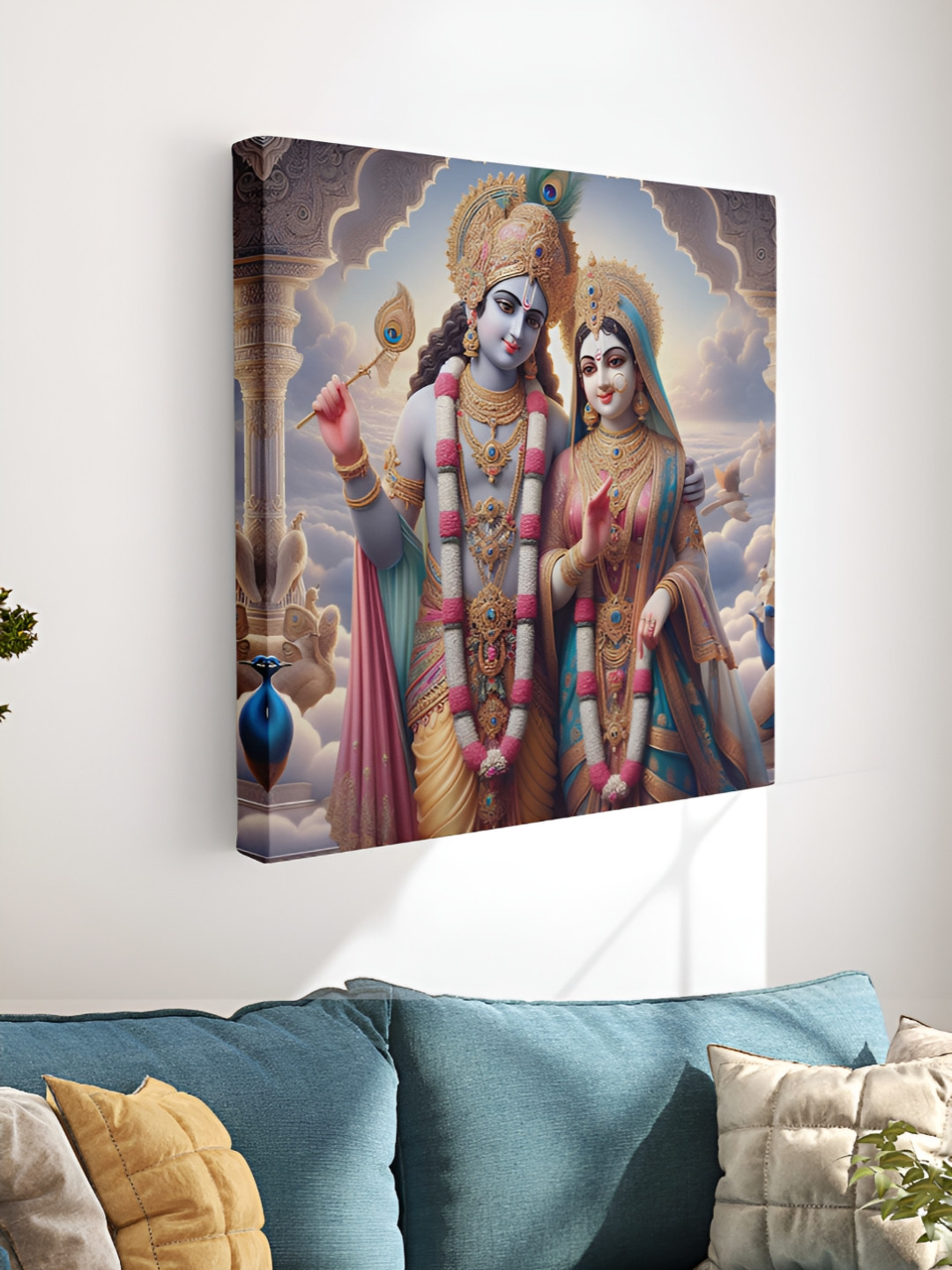 SAF Blue & Gold-Toned Divine Radha Krishna Blessing Canvas Wall Art