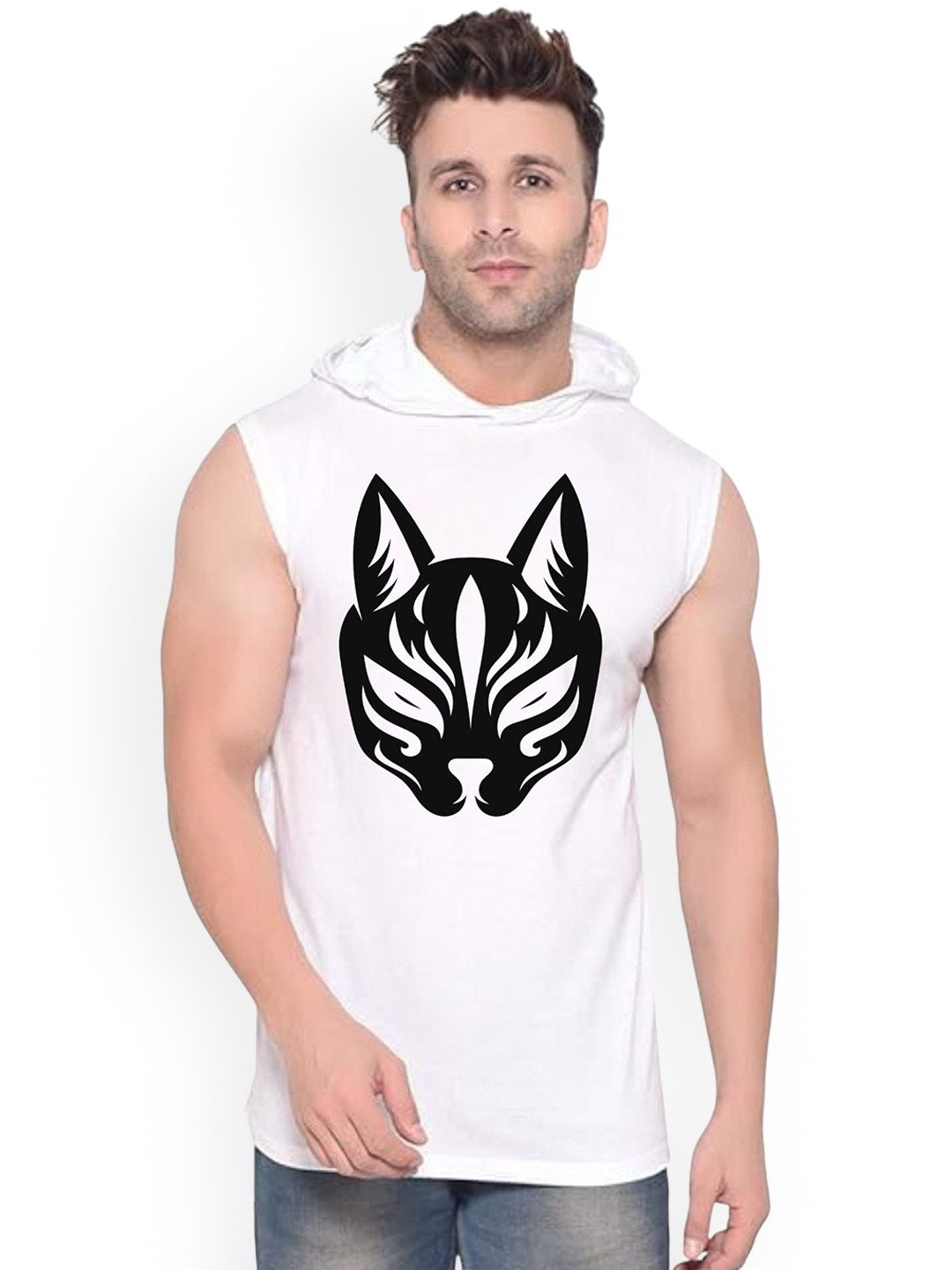 FABSTIEVE Cat Face Printed Gym Vest vk t-050_Print-162_gym_vest White M