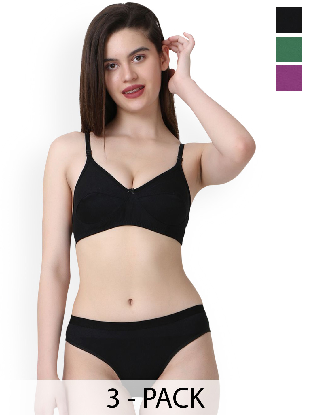 PIBU Pack Of 3 Cotton Non Padded Lingerie Sets A-Ruchi-Sett_Bl,Pu,G
