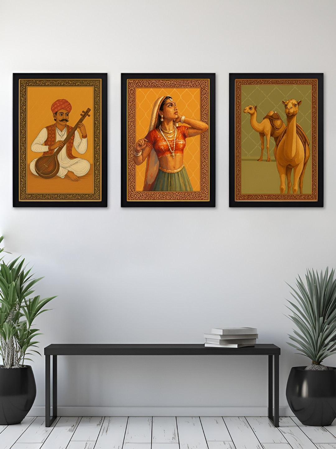 Giftii Black & Green 3 Pieces Desert Rhythms Rajasthani Folk Wooden Wall Arts