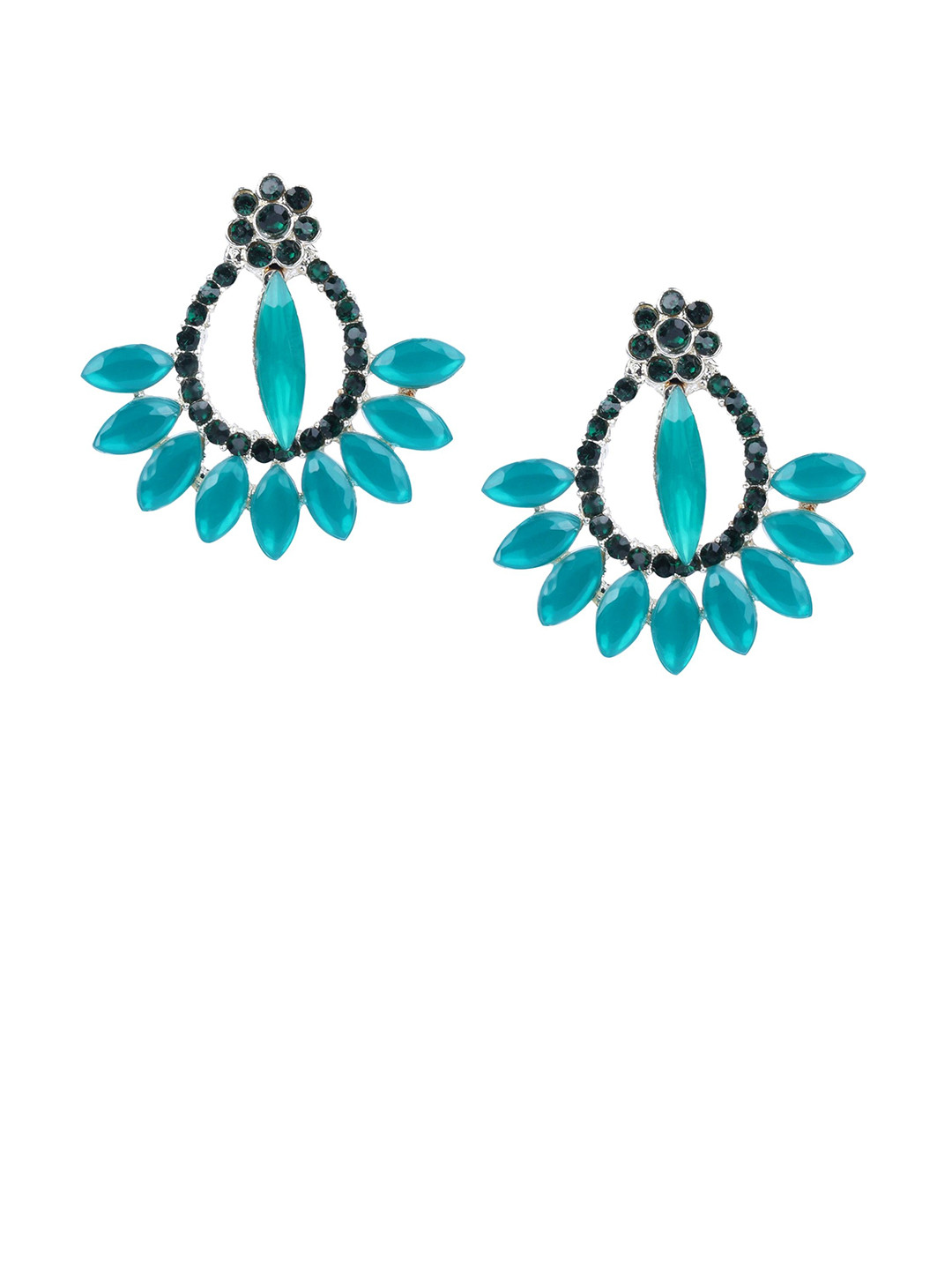 PUJVI Silver-Toned, Green And Black Artificial Stones Studded Floral Shaped Studs