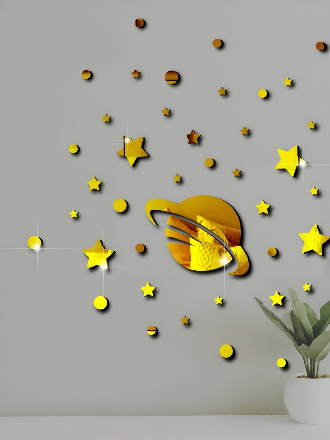 VAH Kya Bat Hai !! Yellow Star With Planet Design Wall Stickers