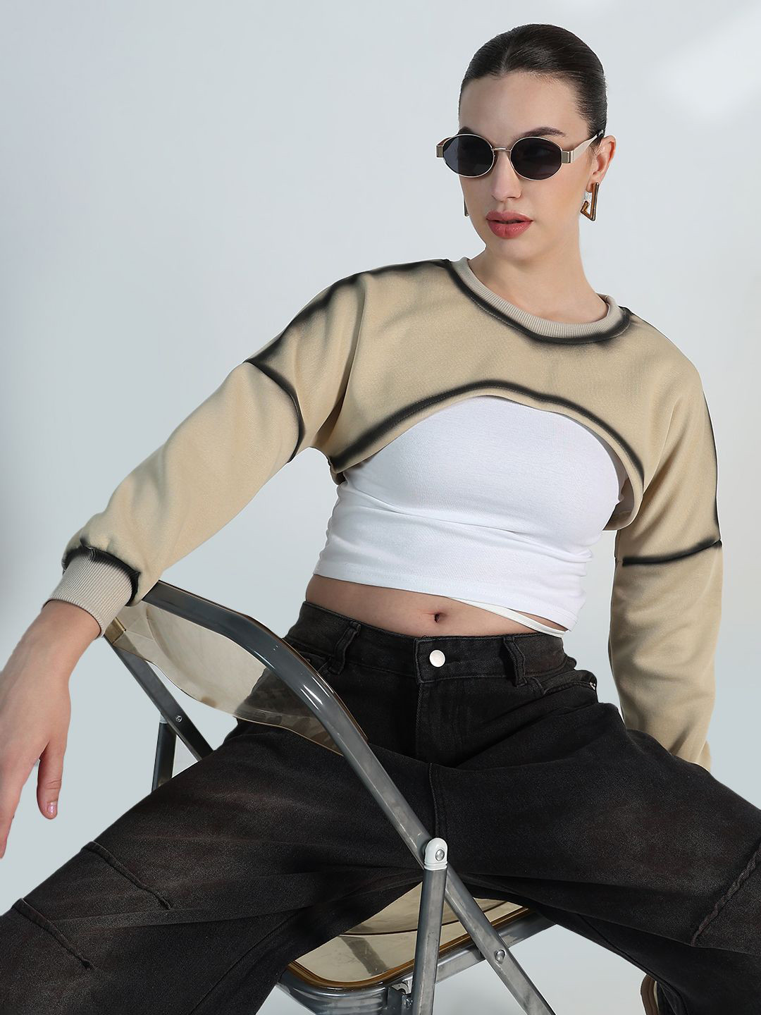 SHOWOFF Solid Extended Sleeves Super Crop Top