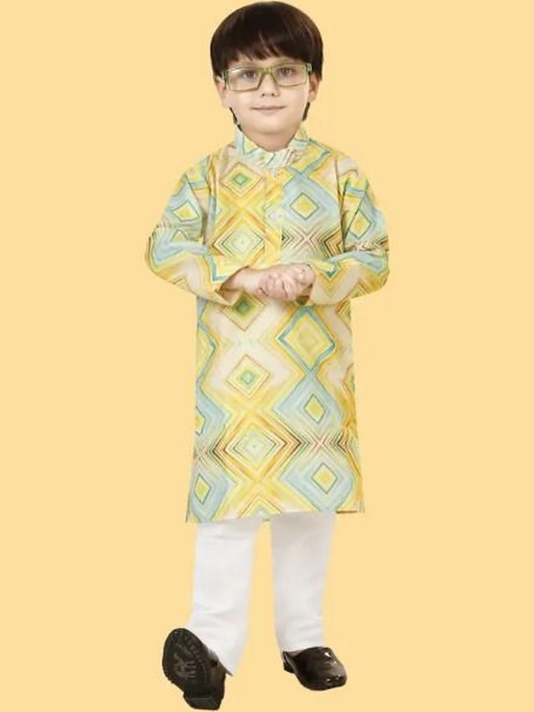 VISHESTA Kids-Boys Yellow Cotton Blend Kurta Sets