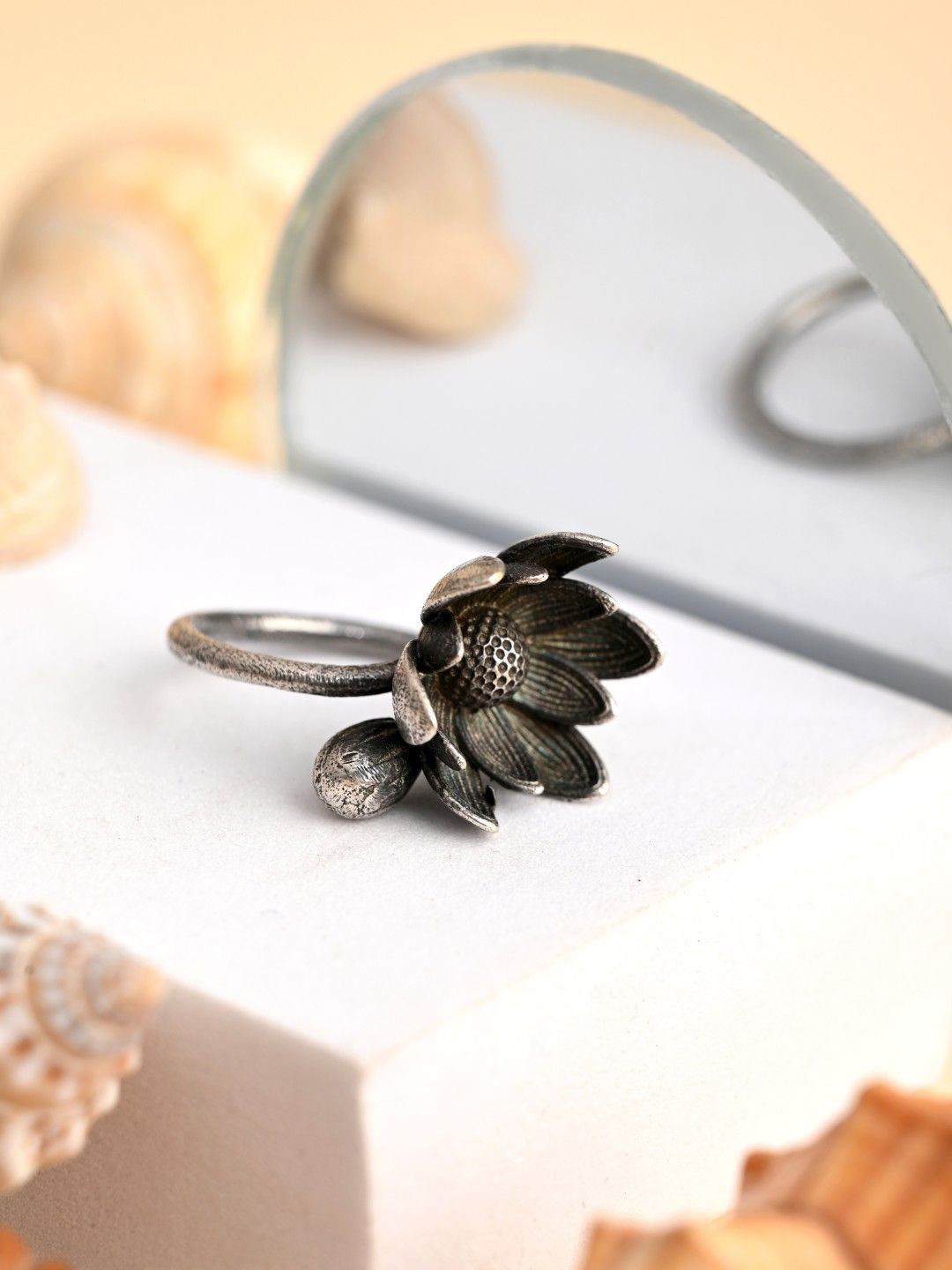 Anvik Sliver -Plated Flower & Bud Adjustable Finger Ring