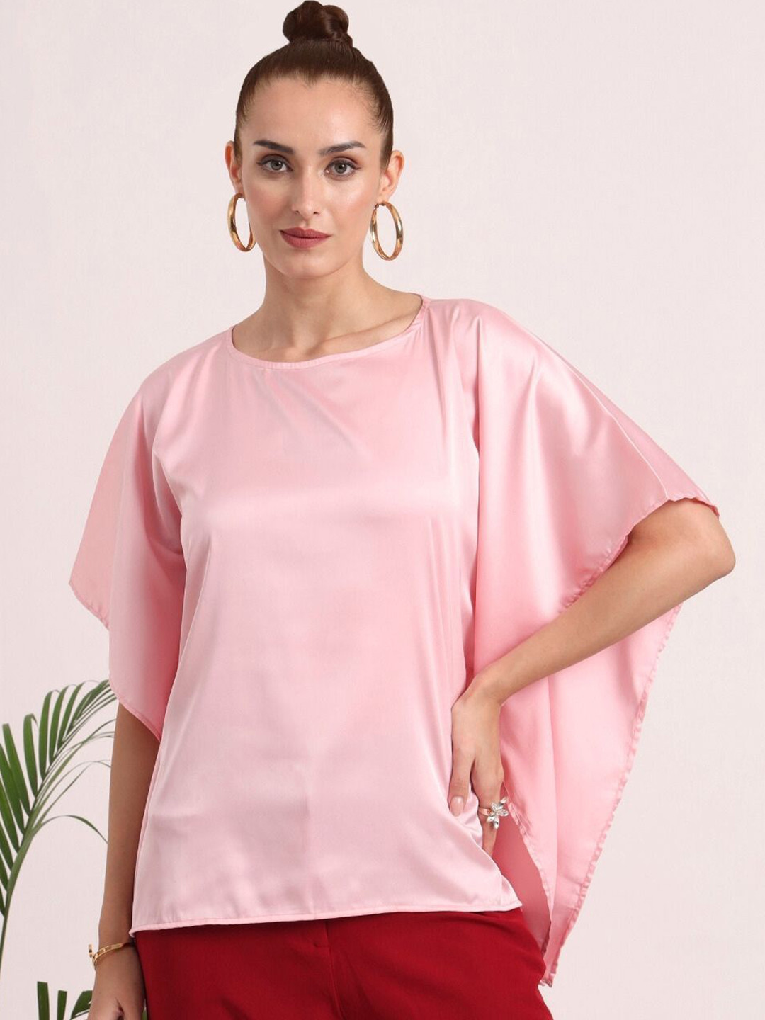 AMSWAN Women European Satin Solid Baturing Sleeve Kaftan Top