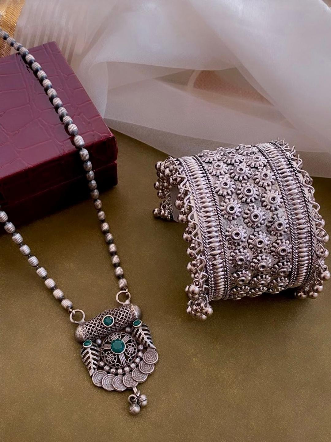 Sangria Set of 2 German Silver Plated & Green Stone Studded floral shaped Bangle & Necklace