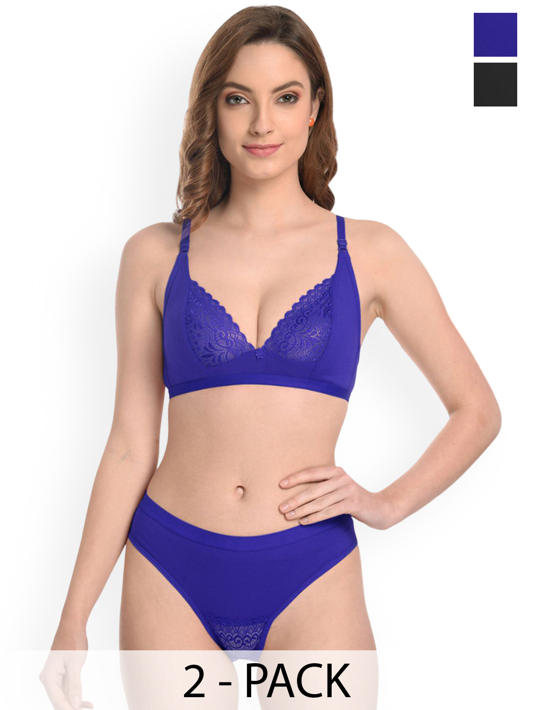 PIBU Pack Of 2 Cotton Non Padded Laced Lingerie Set A-YaniSet_B,Bl