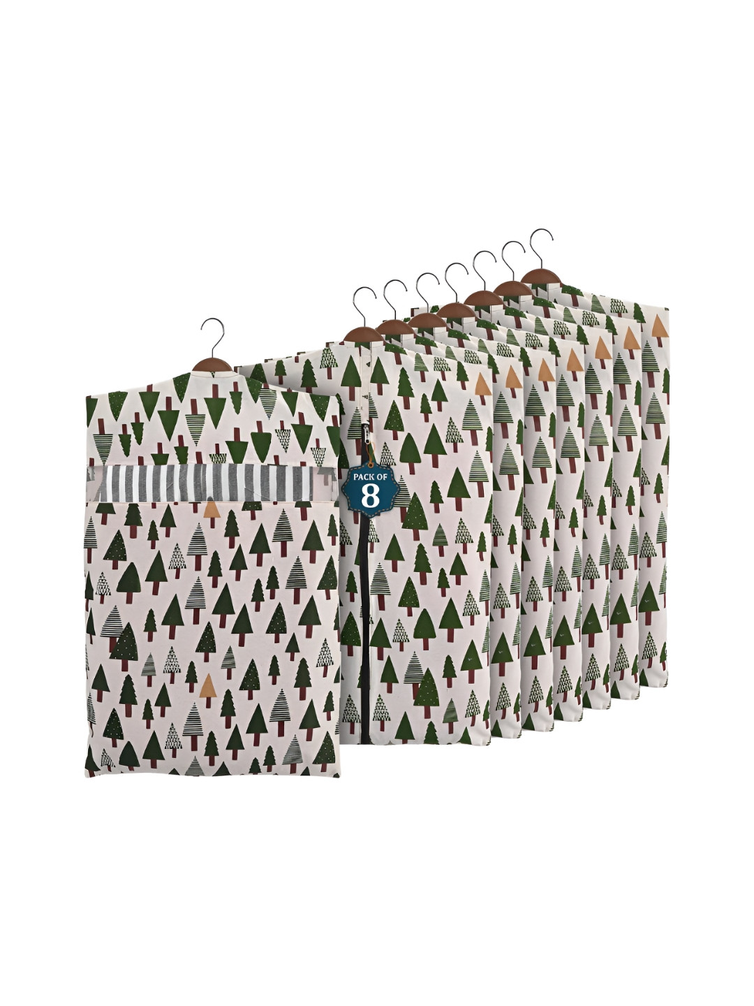 Aura Green 8 Pieces Printed Multi-Utility Cotton Hanging Organisers