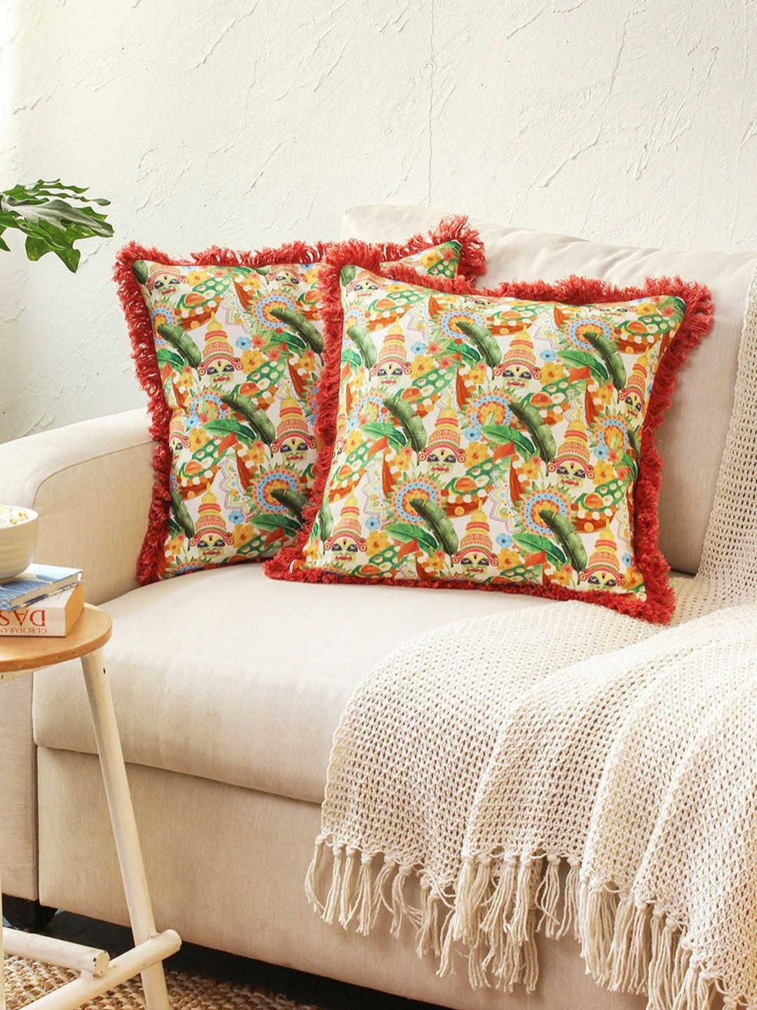 Kushadri Green & Red Set of 2 Ethnic Motifs Square Cushion Covers