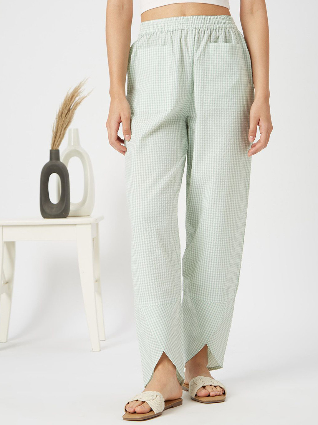 Mystere Paris Gingham Checked Cotton Seersucker Lounge Pants