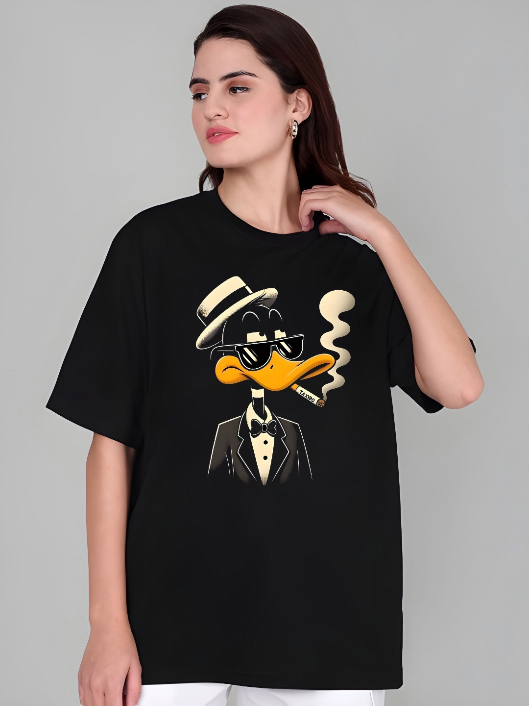 KAIDO Animal Printed Round Neck Drop-Shoulder Sleeves Cotton Oversized T-shirt