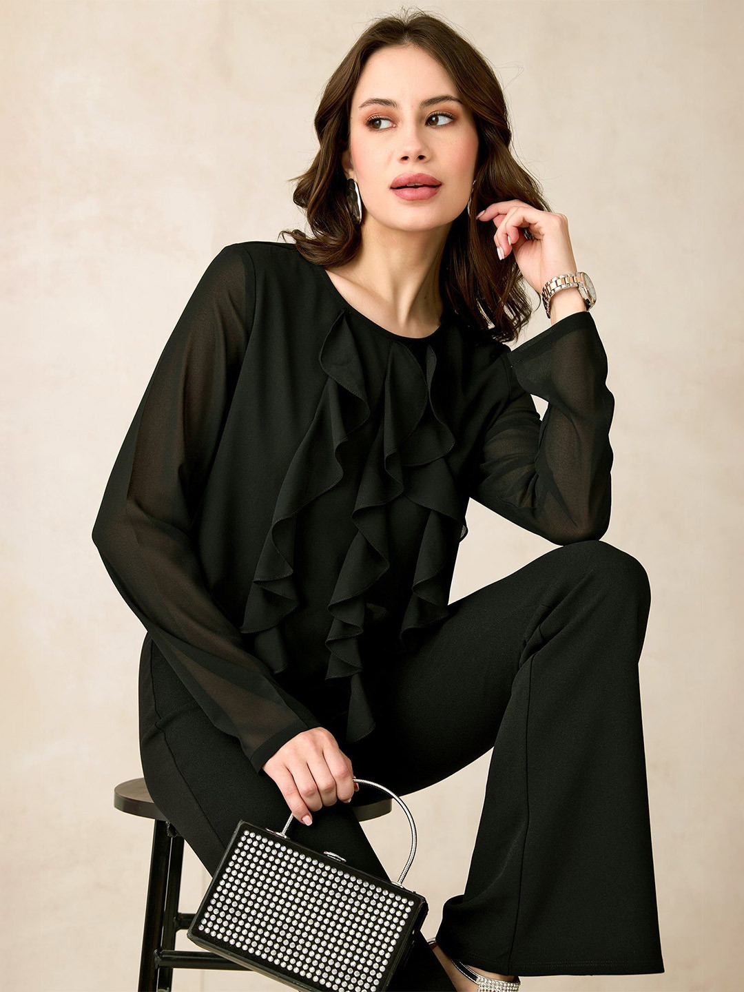 Virgio Georgette Vertical Ruffle Detail Top