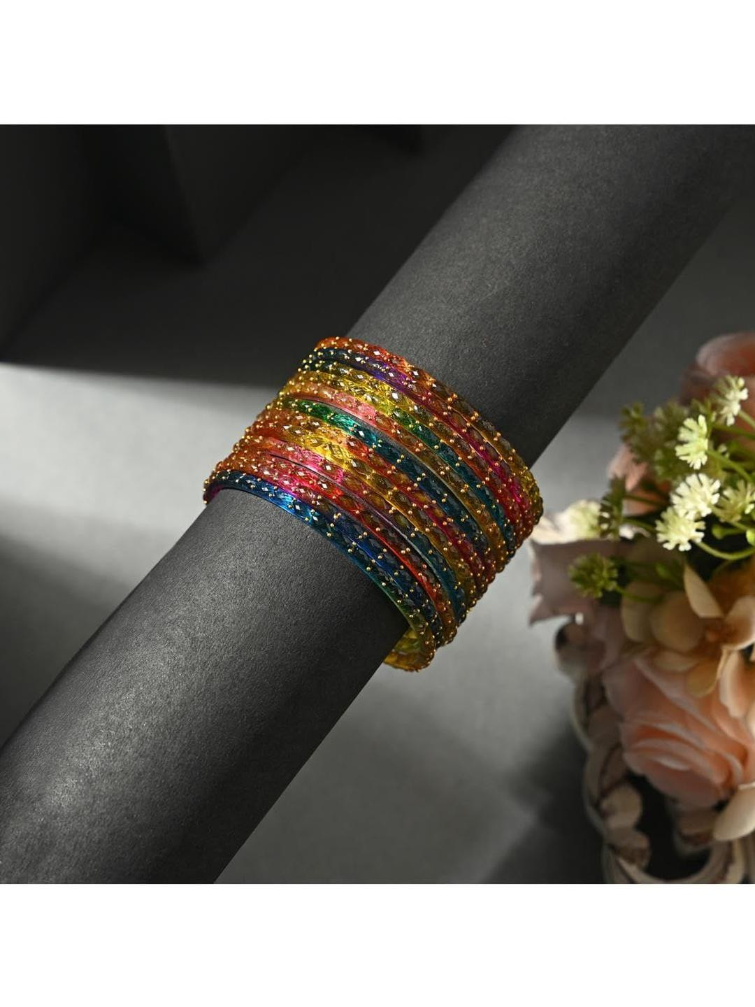 SOMIL Set Of 12 Multicoloured Raindrop Glass Bangles