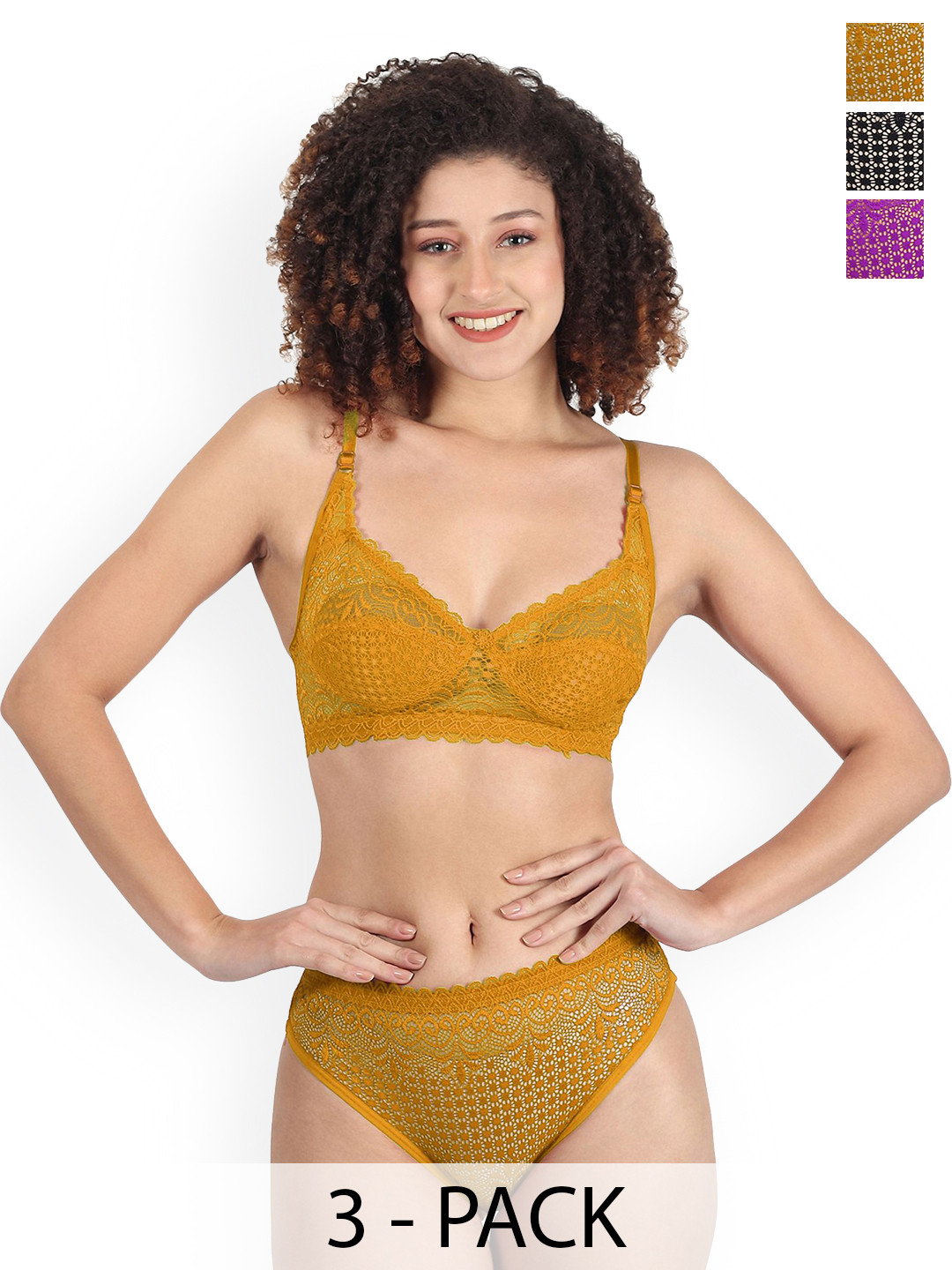 PIBU Pack Of 3 Non Padded Lingerie Sets B-Rain-Set_Bl,Pu,Y