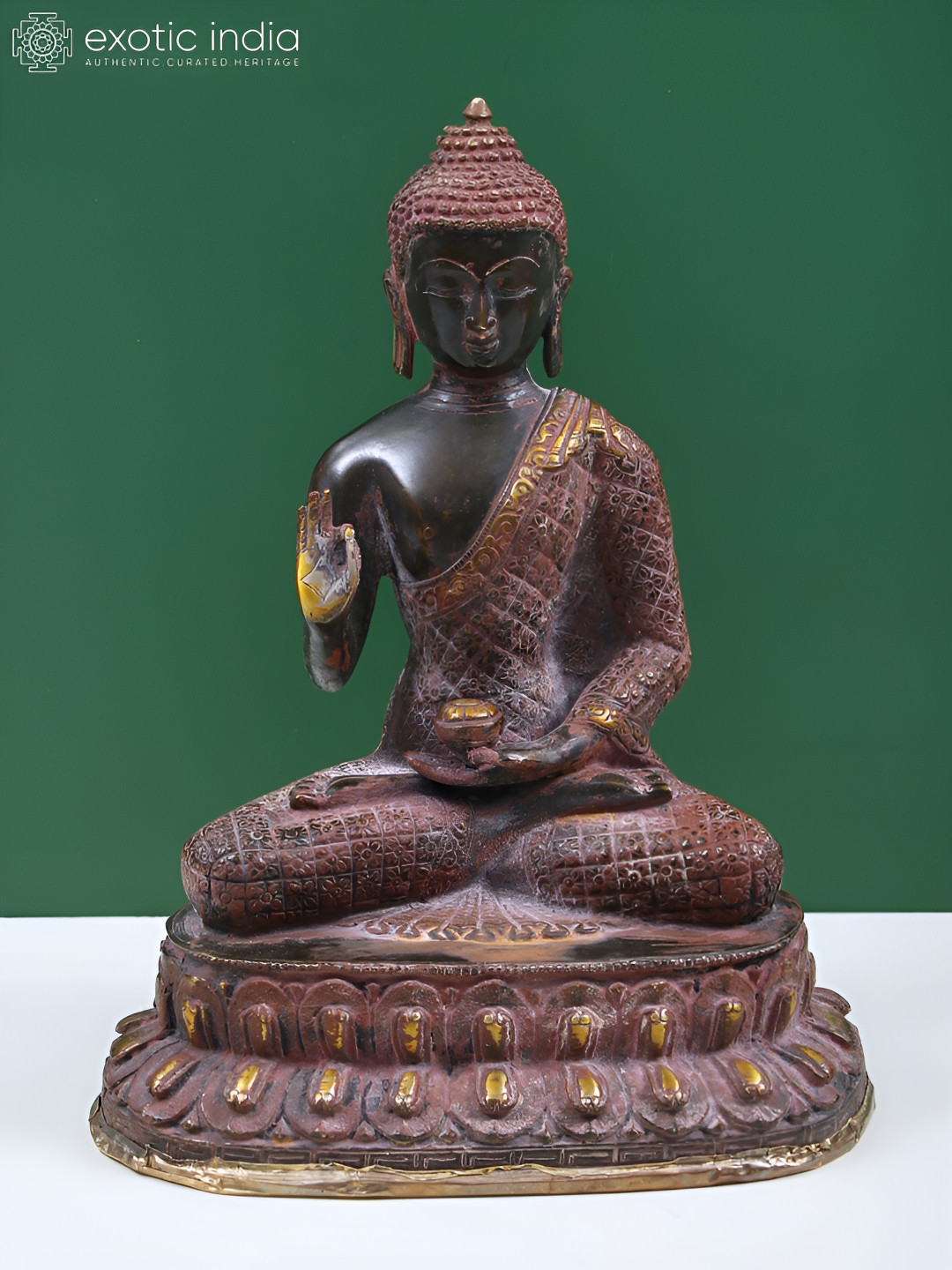 Exotic India Black & Gold-Toned Chequered Robe Buddha Idol Showpiece