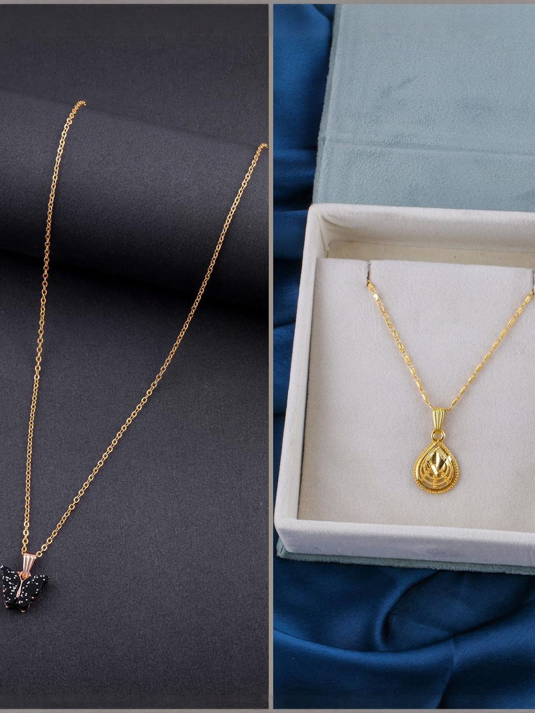 DressBerry Set of 2 Gold Plated Brass Butterfly & Ethnic Traditional Minimal Necklace