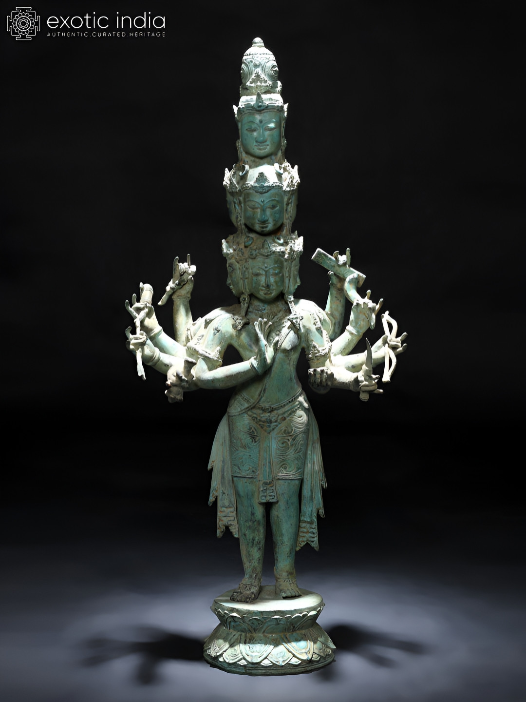 Exotic India Green & Beige Bodhisattva Avalokiteshvara Religious Idol Showpiece