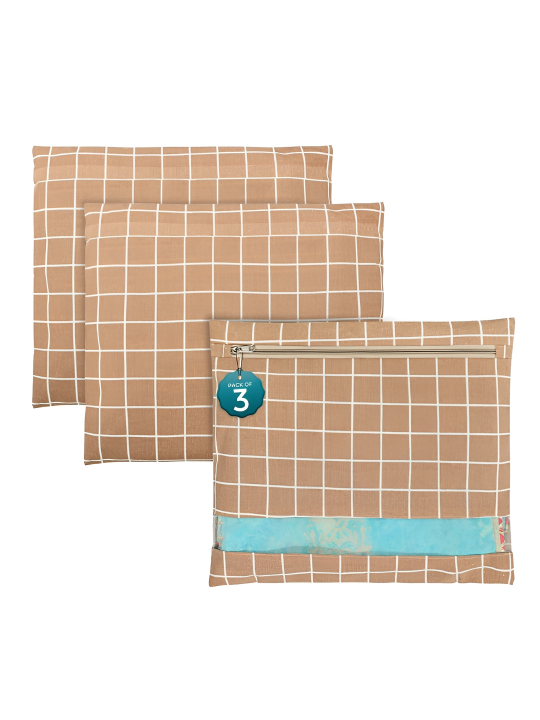 Aura Brown 3 Pcs Mesh Window Cotton Single Saree Covers & Storage Multi-Utility Organisers