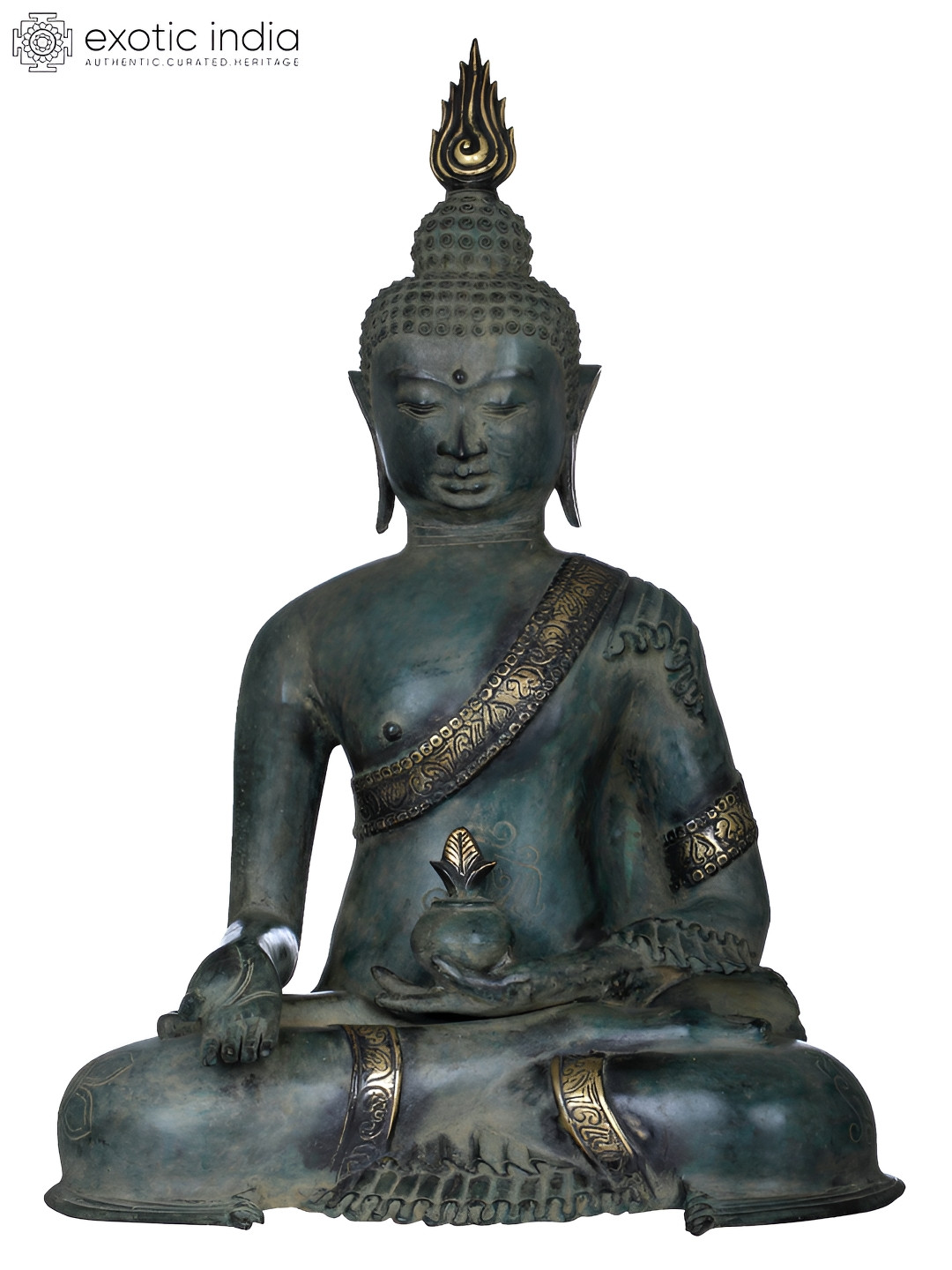 Exotic India Green & Gold-Toned Buddha in Varadamudra Idol Showpiece