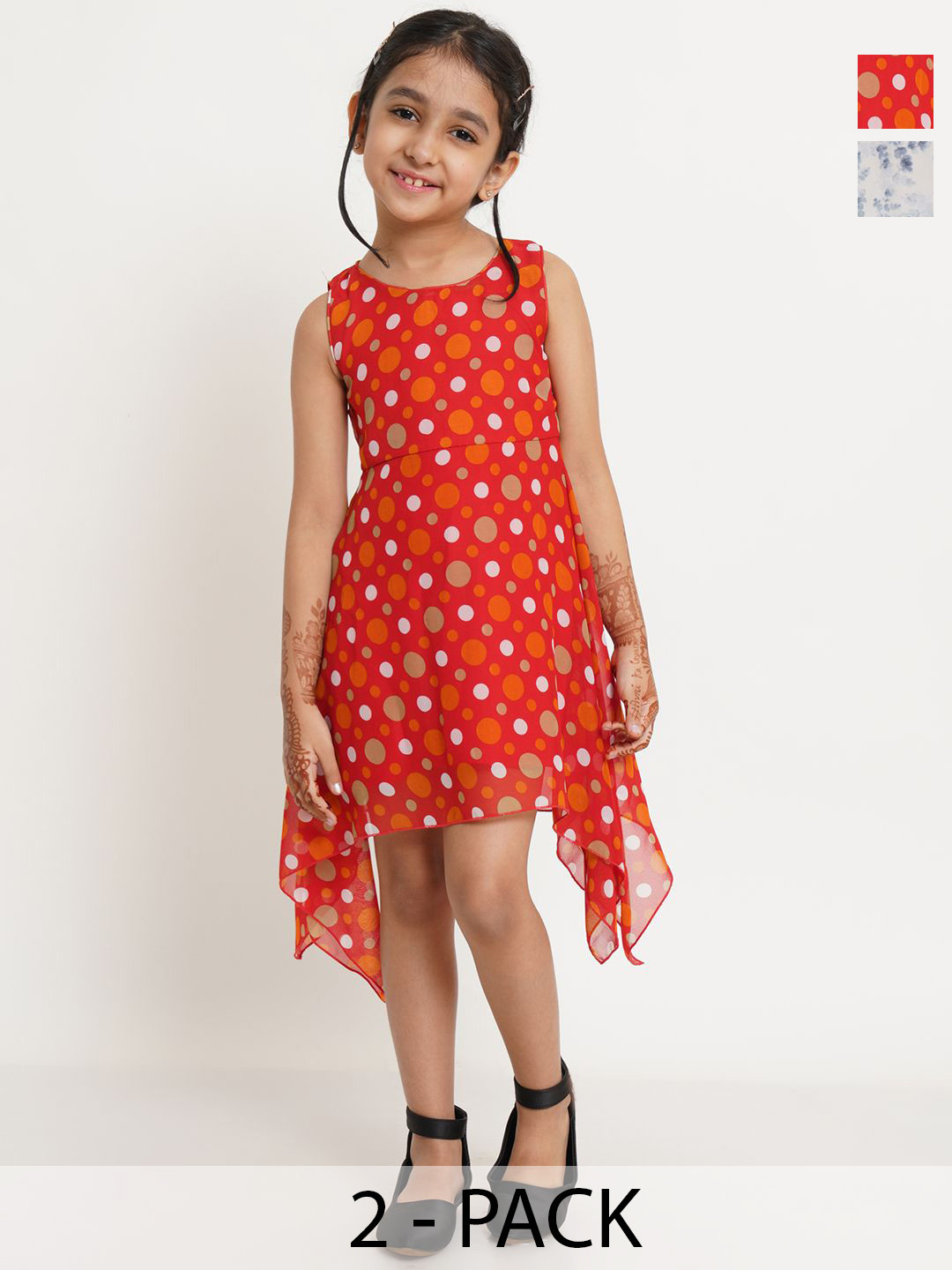Creative Kids Girl's Pack Of 2 Polka Dots Printed Sleeveless Fit & Flare Dress
