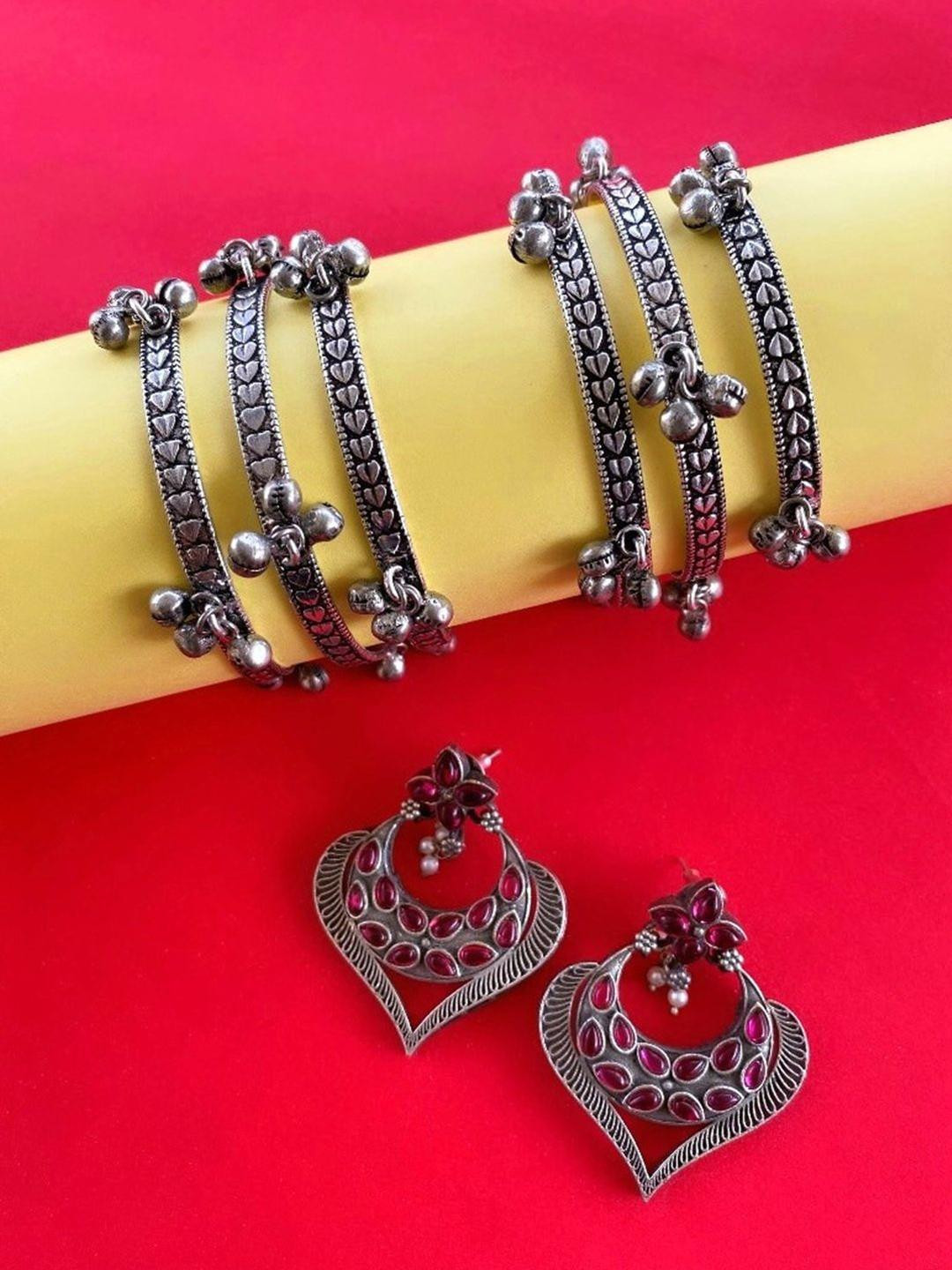 Sangria Set of 7 German Silver Plated & magenta Gunghroo Stone Studded Earrings & Bangles