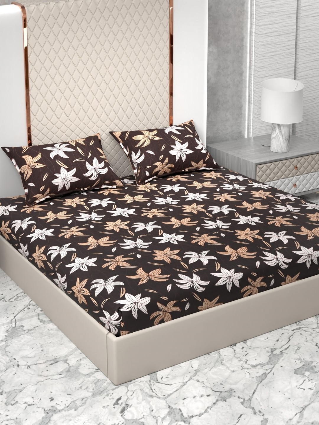 Star Weaves Black Floral Cotton Breathable 350 TC Fitted Super King Superfine Bedsheet with 2 Pillow Covers-78 x 72 inches