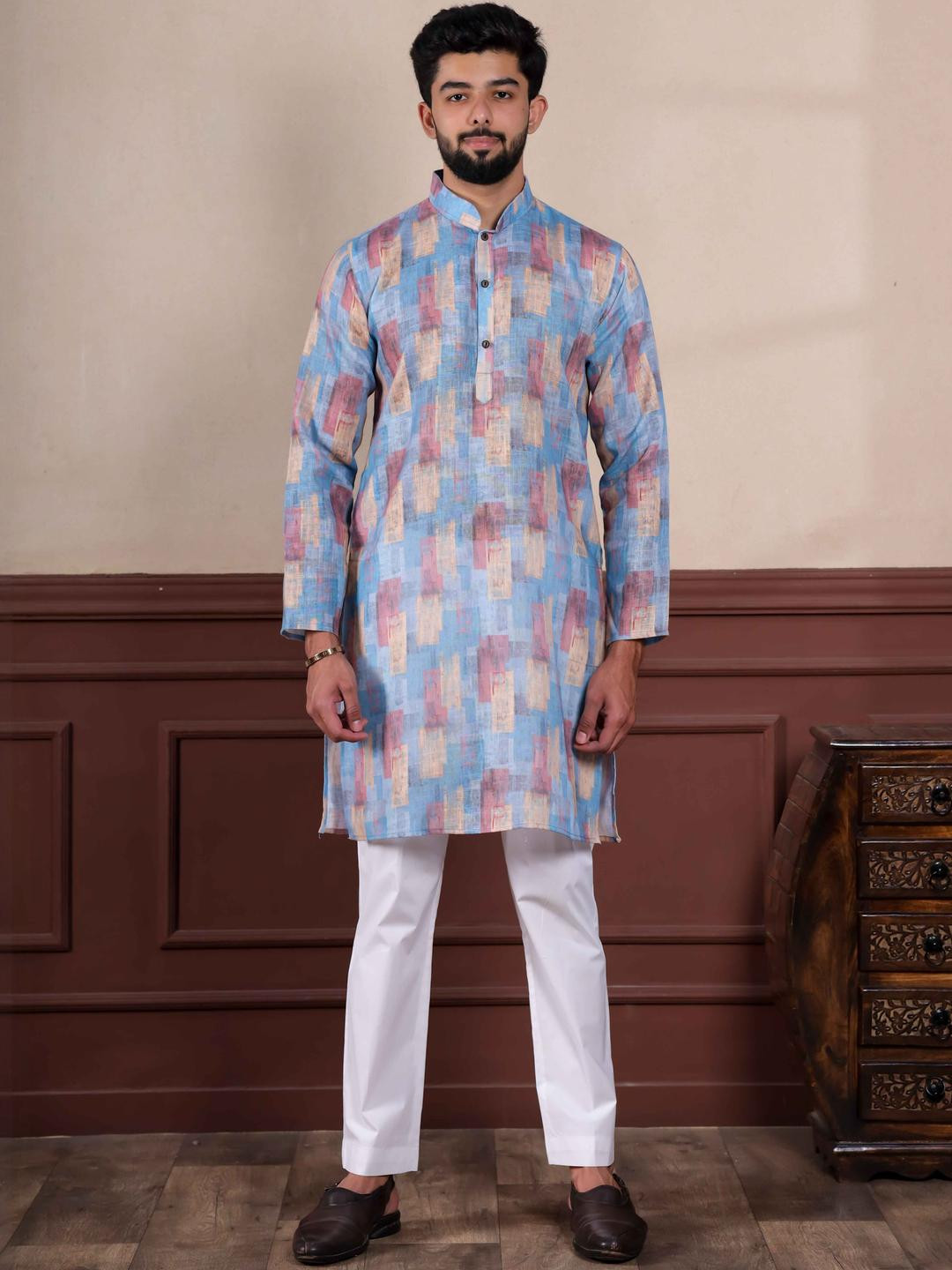 PulseIQ Men Blue Linen Kurta Sets
