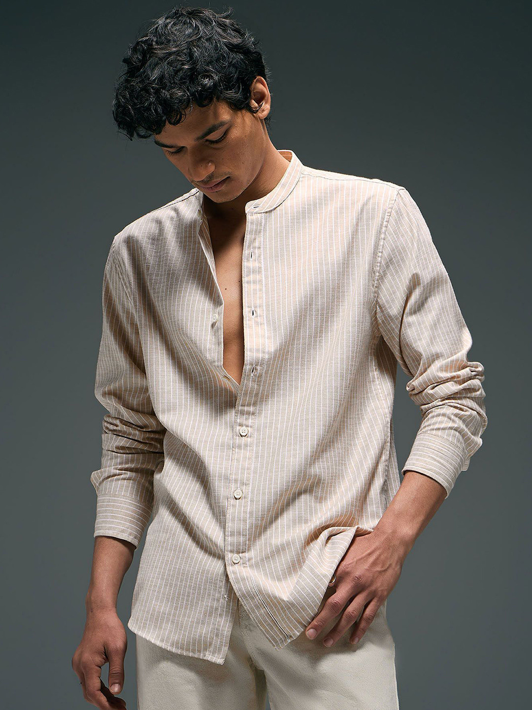 Flying Machine Vertical Striped Band Collar Shirt