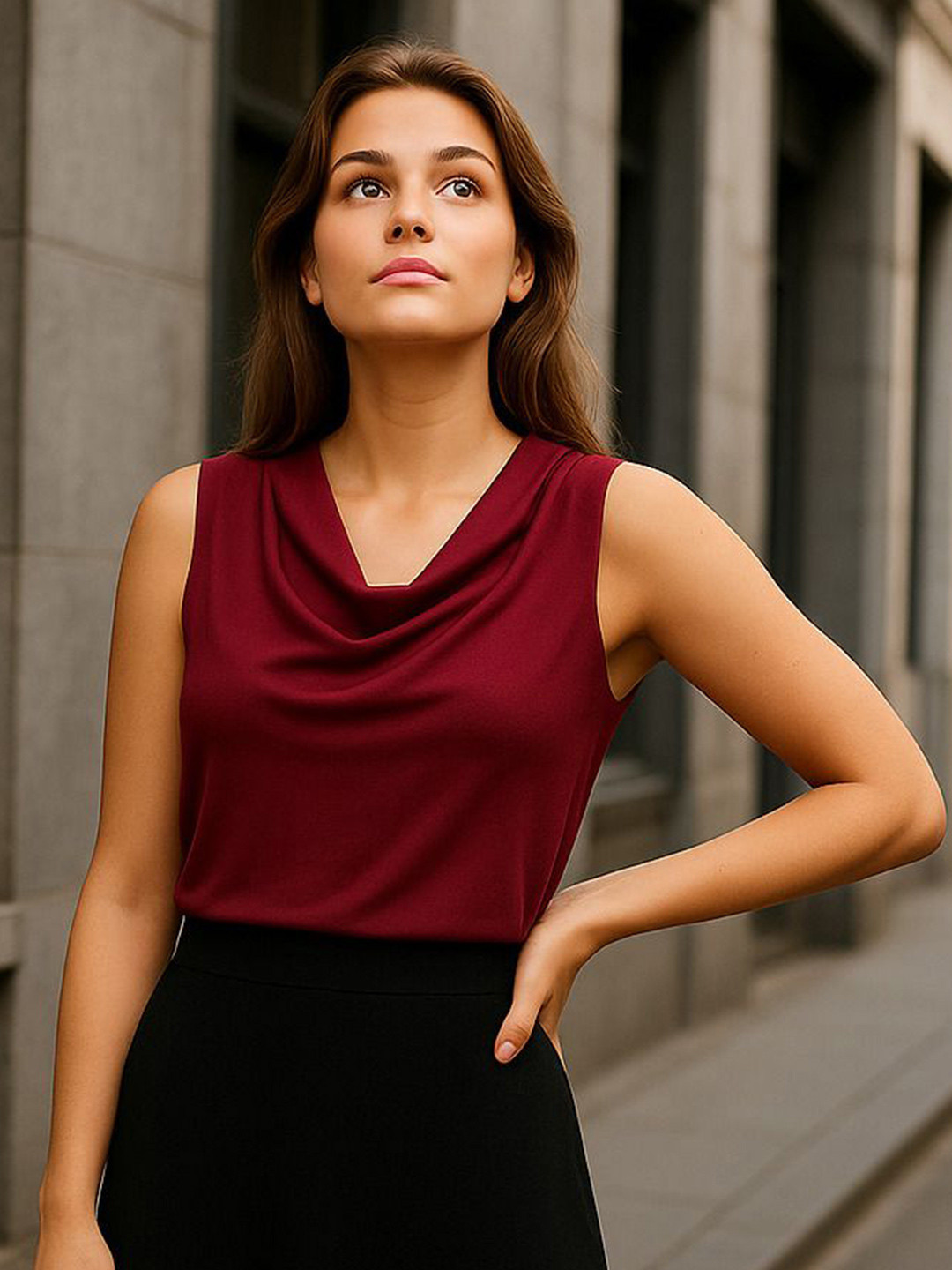 all about you Women Solid Sleeveless Cowl Neck Light Weight Top